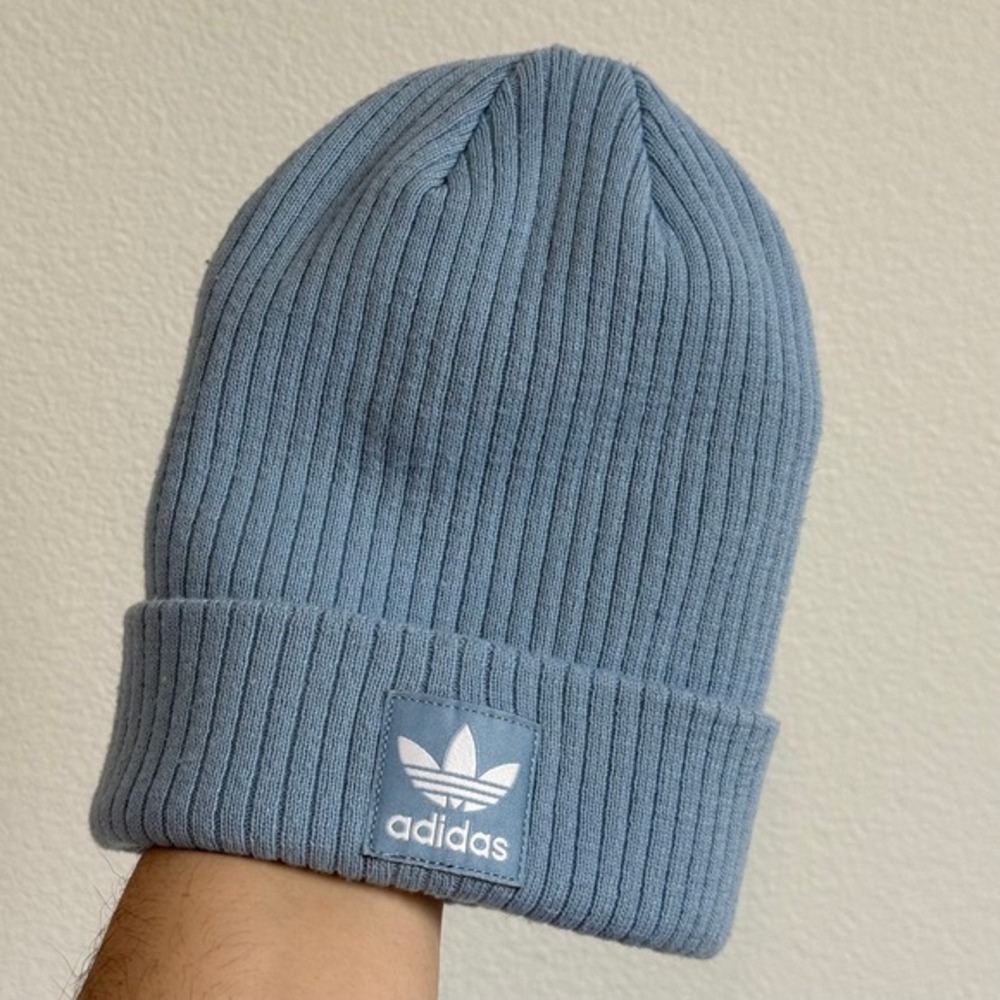 Adidas Originals Beanie One Size Light Blue Trefoil‎ Logo Ribbed Knit Winter Hat